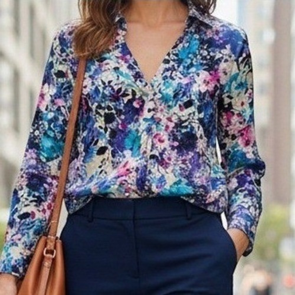 Dana Buchman Floral Button Up Blouse Womens S Lightweight Workwear